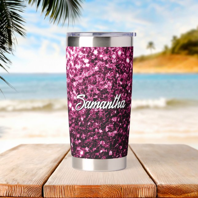 Dark pink faux glitter sparkles Custom name Insulated Tumbler (Beach)