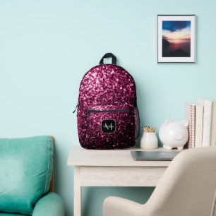 Dark pink faux glitter sparkles Monogram Printed Backpack