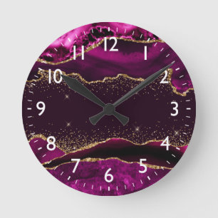 Dark Pink & Faux Gold Glitter Agate Round Clock