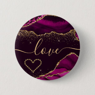 Dark Pink & Faux Gold Glitter Agate Valentine's 6 Cm Round Badge