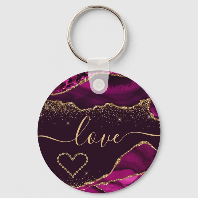 Dark Pink & Faux Gold Glitter Agate Valentine's Key Ring (Front)