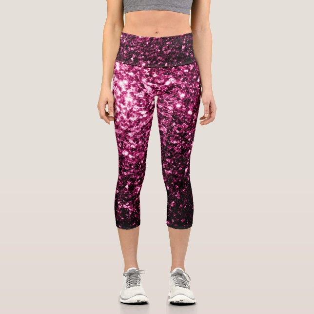 Dark Pink faux shiny glitter sparkles Capri Leggings (Front)