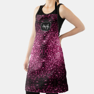 Dark Pink faux shiny glitter sparkles Monogram Apron