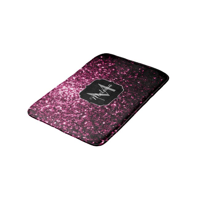 Dark Pink faux shiny glitter sparkles Monogram Bath Mat (Angled)