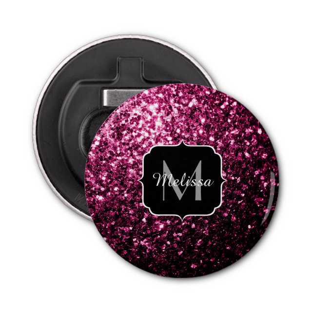 Dark Pink faux shiny glitter sparkles Monogram Bottle Opener (Front)