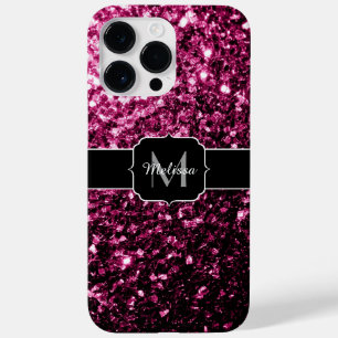 Dark Pink faux shiny glitter sparkles Monogram Case-Mate iPhone 14 Pro Max Case