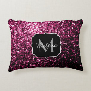 Dark Pink faux shiny glitter sparkles Monogram Decorative Cushion