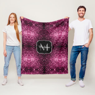 Dark Pink faux shiny glitter sparkles Monogram Fleece Blanket