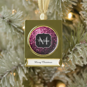 Dark Pink faux shiny glitter sparkles Monogram Gold Plated Banner Ornament