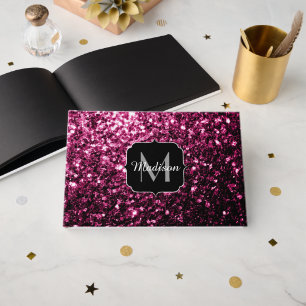Dark Pink faux shiny glitter sparkles Monogram Guest Book