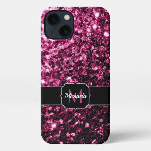 Dark Pink faux shiny glitter sparkles Monogram iPhone 13 Case