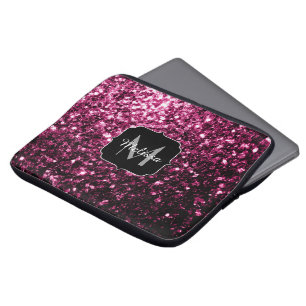 Dark Pink faux shiny glitter sparkles Monogram Laptop Sleeve