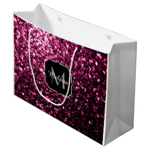 Dark Pink faux shiny glitter sparkles Monogram Large Gift Bag