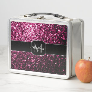 Dark Pink faux shiny glitter sparkles Monogram Metal Lunch Box