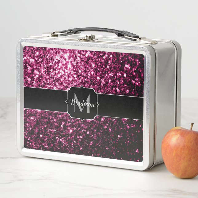 Dark Pink faux shiny glitter sparkles Monogram Metal Lunch Box (In Situ)