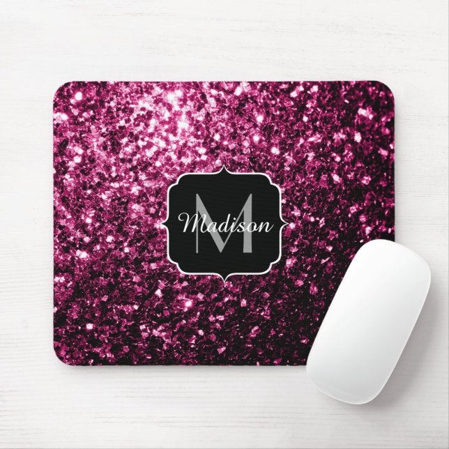 Dark Pink faux shiny glitter sparkles Monogram Mouse Mat (With Mouse)