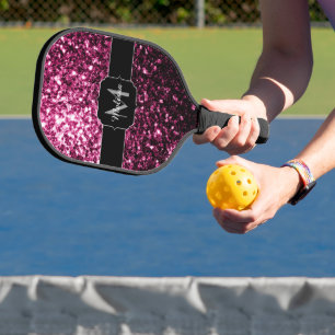 Dark Pink faux shiny glitter sparkles Monogram Pickleball Paddle