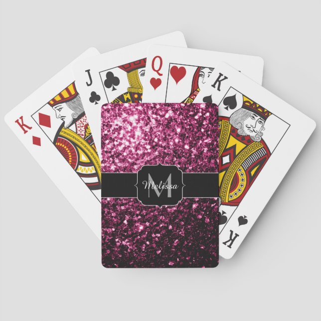 Dark Pink faux shiny glitter sparkles Monogram Playing Cards (Back)