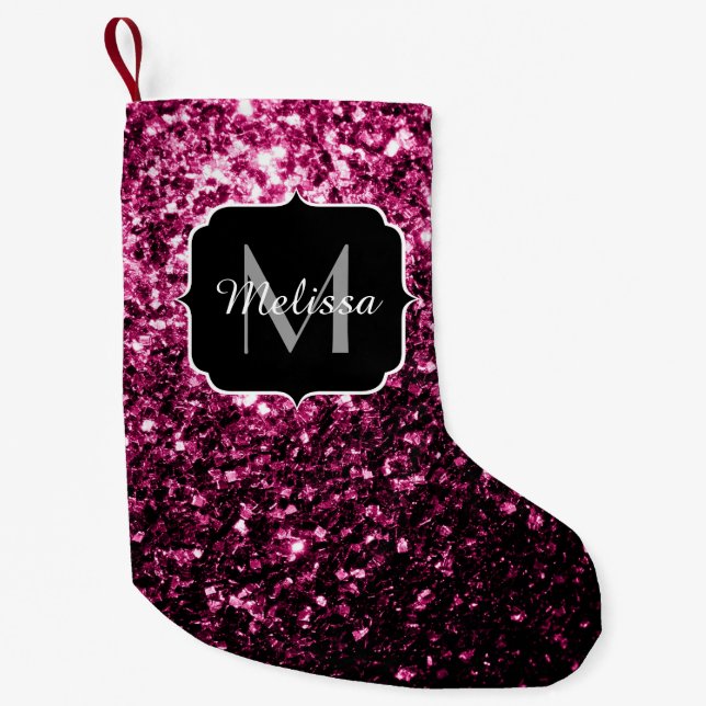 Dark Pink faux shiny glitter sparkles Monogram Small Christmas Stocking (Front)