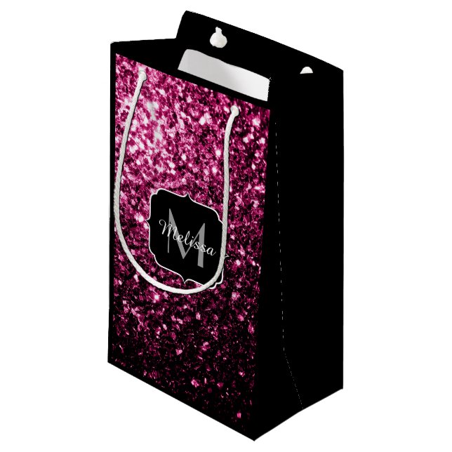 Dark Pink faux shiny glitter sparkles Monogram Small Gift Bag (Front Angled)