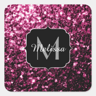 Dark Pink faux shiny glitter sparkles Monogram Square Sticker