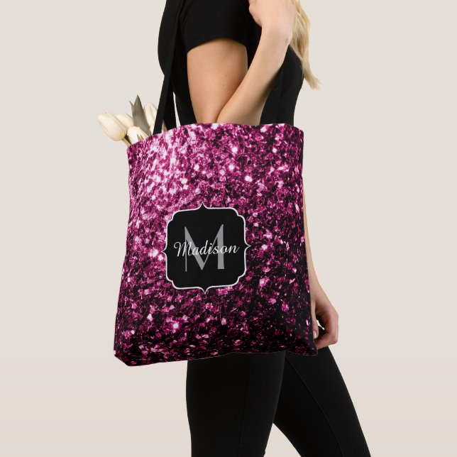 Dark Pink faux shiny glitter sparkles Monogram Tote Bag (Close Up)