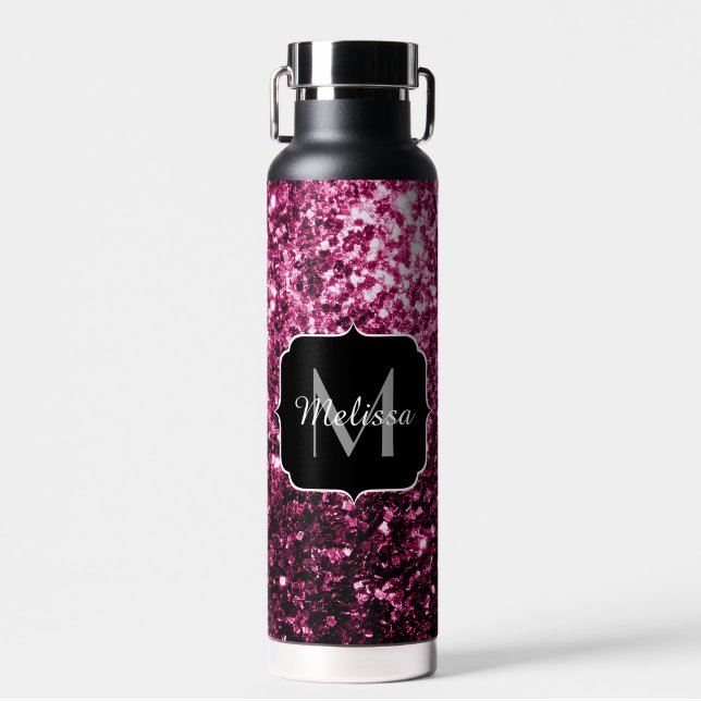 Dark Pink faux shiny glitter sparkles Monogram Water Bottle (Front)