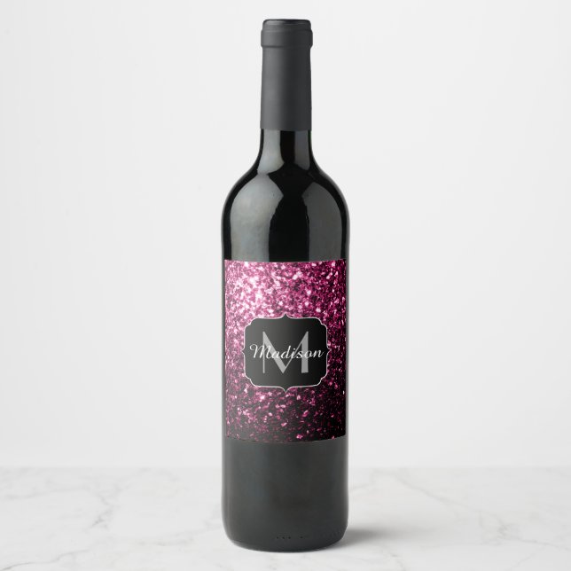 Dark Pink faux shiny glitter sparkles Monogram Wine Label (Front)