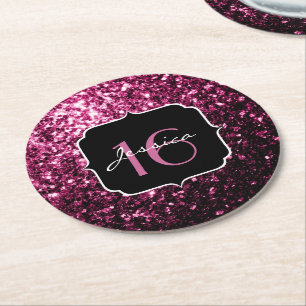 Dark Pink faux shiny glitter sparkles Sweet 16 Round Paper Coaster