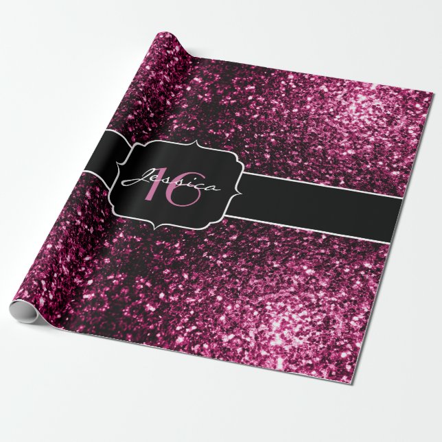 Dark Pink faux shiny glitter sparkles Sweet 16 Wrapping Paper (Unrolled)