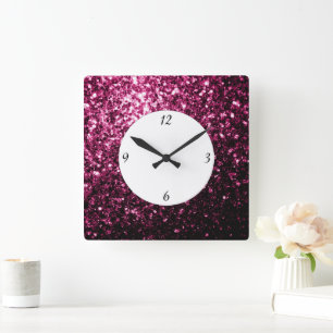 Dark Pink faux shiny glitter sparkles with numbers Square Wall Clock