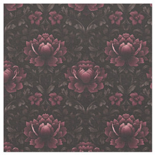 Dark Pink Floral Damask on Black Fabric