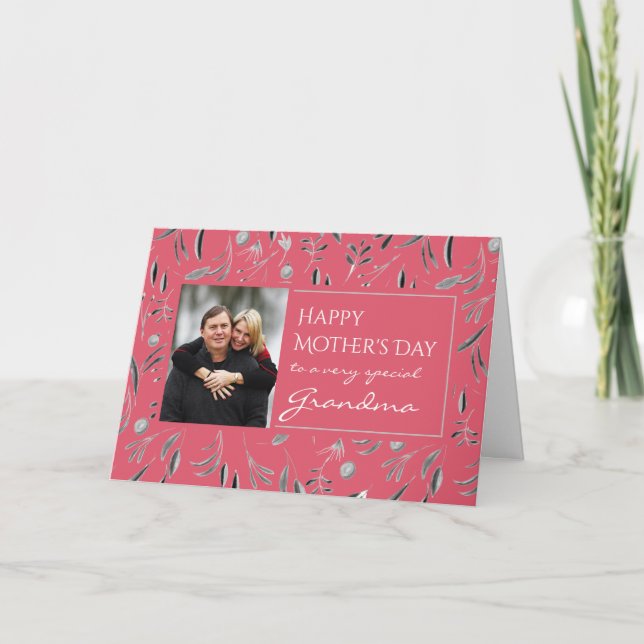 Dark Pink Floral Happy Mothers Day GRANDMA Photo Card (Front)