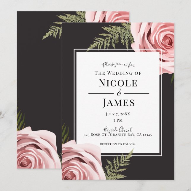 Dark Pink Floral Roses Rustic Shabby Chic Wedding Invitation (Front/Back)