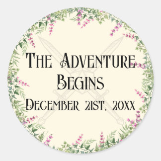 Dark Pink Floral Sword and D20 RPG Inspired Classic Round Sticker