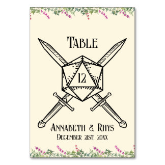 Dark Pink Floral Sword D20 RPG Inspired Table Number
