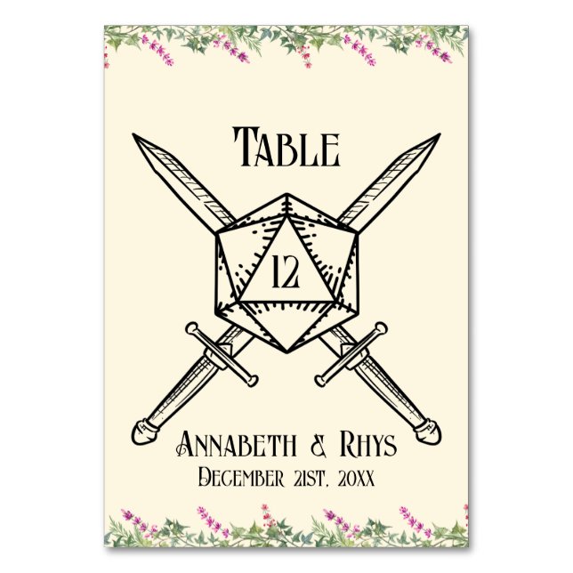 Dark Pink Floral Sword D20 RPG Inspired  Table Number (Front)