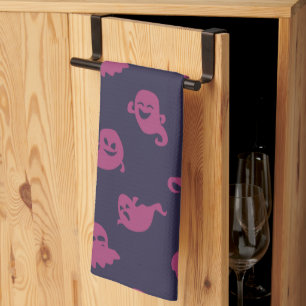 Dark Pink Ghosts Dark Purple Halloween Tea Towel