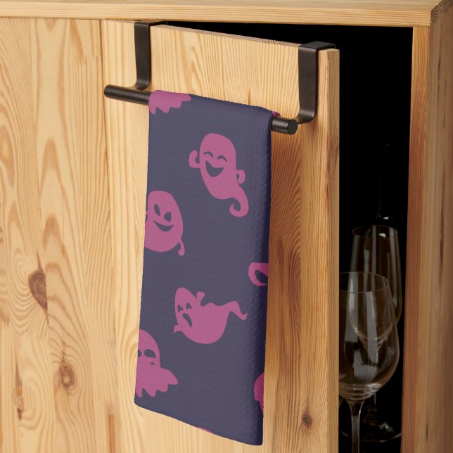 Dark Pink Ghosts Dark Purple Halloween Tea Towel (Thirds Fold)