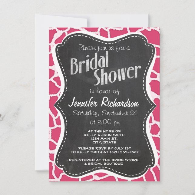 Dark Pink Giraffe Animal Print; Chalkboard Invitation (Front)