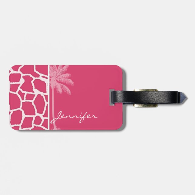 Dark Pink Giraffe Print; Summer Palm Luggage Tag (Back Horizontal)