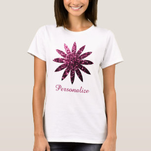 Dark Pink glitter sparkles flower Personalise T-Shirt