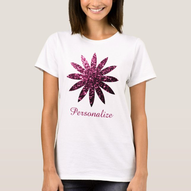 Dark Pink glitter sparkles flower Personalise T-Shirt (Front)