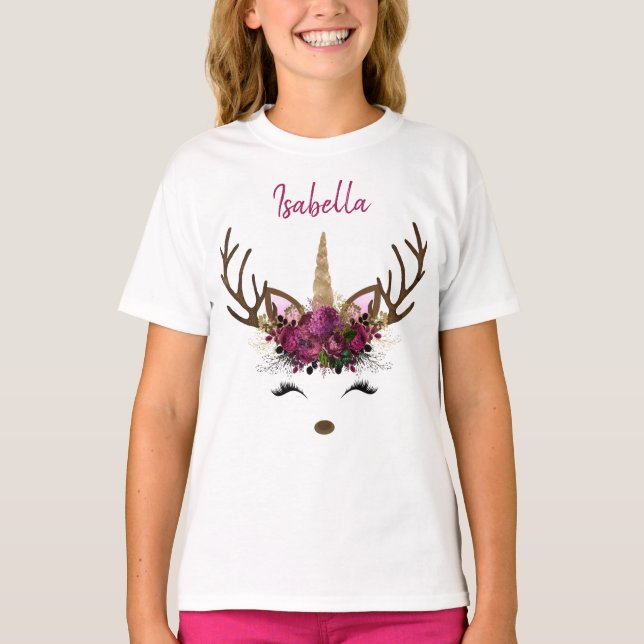 Dark Pink Gold Monogram Christmas Unicorn Reindeer T-Shirt (Front)