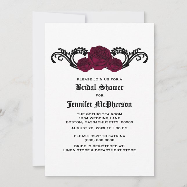 Dark Pink Gothic Swirl Roses Bridal Shower Invite (Front)
