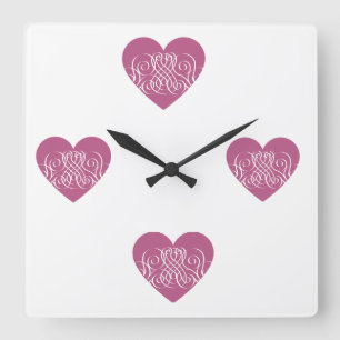 Dark Pink Heart with white filigree pattern Square Wall Clock