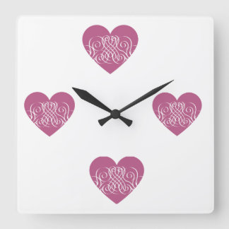 Dark Pink Heart with white filigree pattern Square Wall Clock
