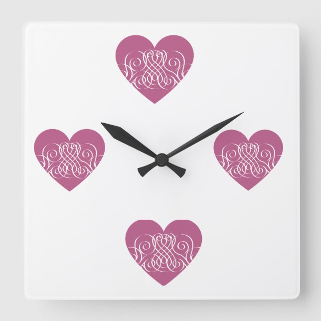 Dark Pink Heart with white filigree pattern Square Wall Clock (Front)
