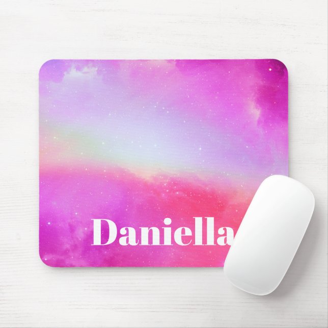 Dark Pink Holographic Sky with Custom Name Mouse Mat (With Mouse)