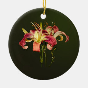 Dark Pink Lilies With Yellow Centres Ceramic Tree Decoration